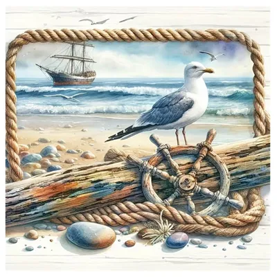 Diamantgemälde 40x40 cm, Möwe, Schiff, Strand, Meer, quadratische Steine