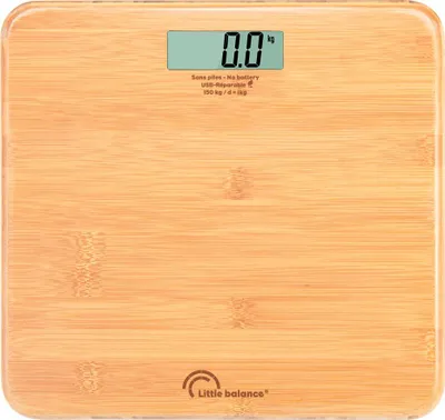 A digital scale with a bamboo finish.