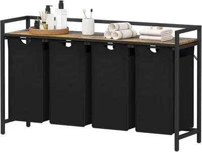 Produktbild von 4 Fächer Wäschekorb mit Ablage, 168L/42x4L Wäschesammler mit Ablage und herausziehbaren Säcken, Wäschesortierer Schmutzwäschebehälter für Waschküche, Badezimmer, Schlafsaal, Schwarz