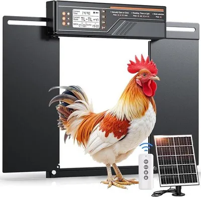 Zdjęcie produktu dla Automatyczna brama przesuwna do kurnika, duża, podwójna, skośna, zasilana energią słoneczną, z timerem, funkcją oświetlenia, pilotem zdalnego sterowania i zabezpieczeniem przed przytrzaśnięciem