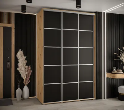 Produktbild von Kleiderschrank YVONA 4 - 160/60 cm, Eiche handwerklich / schwarz / silber