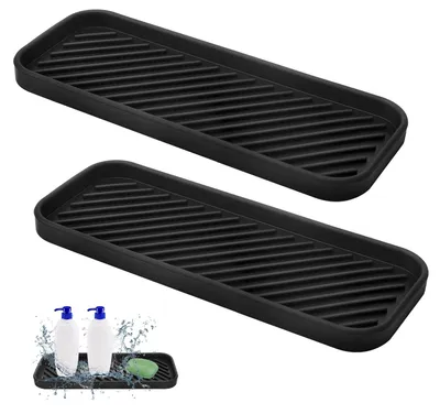 Produktbild von Set mit 2 Silikon-Abtropfmatten, 23 x 9 cm, schwarz, rutschfest, schmal, schnelltrocknend, Silikon-Spülbecken-Organizer, Halter für Küchenschwämme, Bürsten und Seife