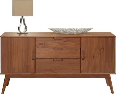 Produktbild von Sideboard TIVOLI skandinavischen Design Kastanien dunkel braun lackiert - Kommode aus Massivholz, mit 2 Türen und 3 Schubladen, Buffetschrank Geschirrschrank