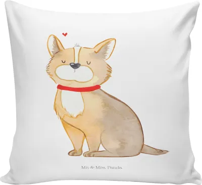 Produktbild von Mr. & Mrs. Panda Kissen 40x40 Hund Glück - Weiß - Geschenk, Dekokissen, Herz, Sofa, wohnzimmer, Corgie, kuschelkissen, Sprüche, Spruch, Sofakissen, Liebe