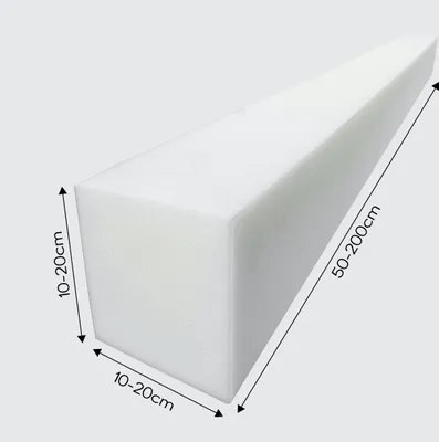 A white foam wedge with dimensions indicated by text.