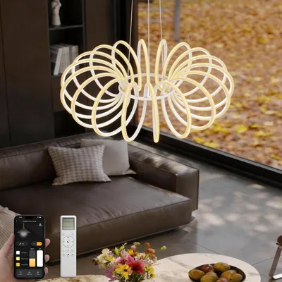 Produktbild von doporro Hängelampe Wohnzimmer 61 cm,Pendelleuchte Esstisch 120W mit Fernbedienung, Moderne dimmbare Hängeleuchte LED Sandweiß, Alivetta25034