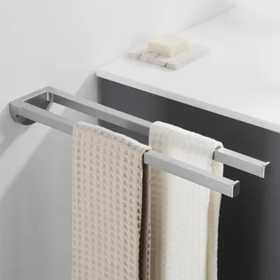 Obrázek produktu pro Držák na ručníky, nerezová ocel, 2 v 1, montáž, 42 cm, dvouramenný, chromovaný, kartáčovaný povrch, nosnost 5 kg