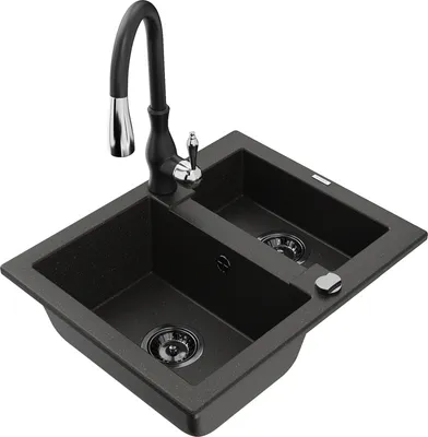 Produktbild von Mexen Carlos 1,5-Becken-Granitspüle mit Mischbatterie Savita, Schwarz/Gold metallisch - 6518-75-672601-70-B