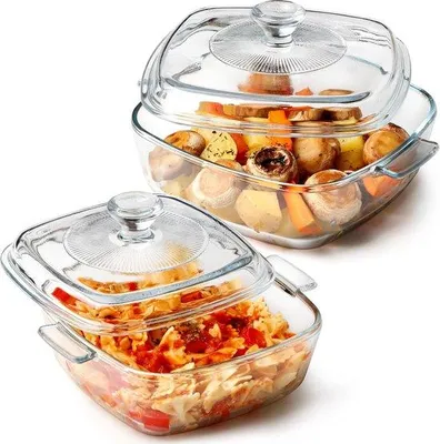 Produktbild von Glaskochgefäß mit Deckel, Herdfläche, Hitzebeständig, Kochfläche (quadratisch 0,8 Liter + quadratisch 1,2 Liter)