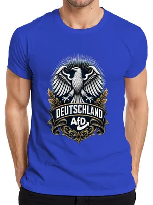 Zdjęcie produktu dla T-shirt "AfD Deutschland", z motywem orła i godła, patriotyczny nadruk, z elementami sarkazmu, męski, kolor niebieski, rozmiar XL