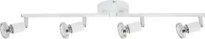 A white LED ceiling light with four adjustable spotlights is shown against a white background.
