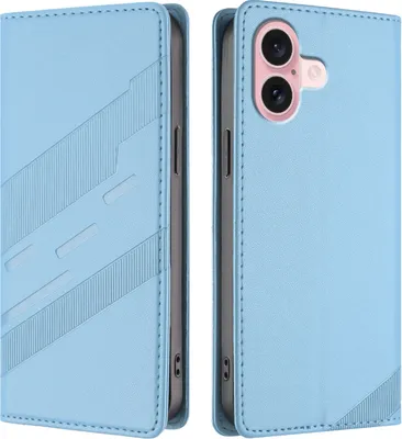 Produktbild von Hülle für iPhone 16, Kunstleder Brieftaschen Handyhülle mit Kartenfach und Standfunktion Hellblau