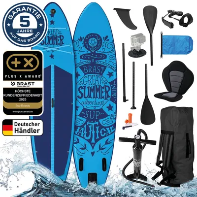 Produktbild von BRAST SUP Board Summer | Aufblasbares Stand up Paddle Set | 320x81x15cm | 6 Designs | inkl. Sonderzubehör | 2in1 Paddel Kajak-Sitz Action-Cam-Halterung Fußschlaufe Rucksack | Blau