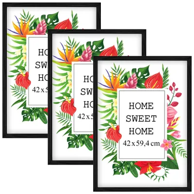 Produktbild von MG Design Set aus 3 Schwarz Bilderrahmen A2 42 x 59,4 cm - Aus echtem Holz mit Acrylglas, zum Aufhängen & Aufstellen, für Fotos, Poster & Puzzle