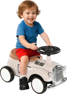Obrázek produktu pro Odrážedlo pro batolata – sedací auto – 12–36 měsíců – klakson – úložný prostor – volant – 4 kola – 58×27×35 cm – béžové