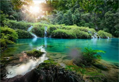 Produktbild von Wallario Fototapete Vliestapete, seidenmatte Oberfläche, einfache Verarbeitung, Größe 400 x 280 cm, Motiv Türkisgrüner See im Nationalpark in Guatemala