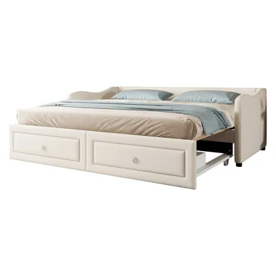 Image de Sweiko Daybettt, 90x200cm lit de jour avec lit extensible, canapé-lit avec deux tiroirs, lit simple (sans matelas), lin, style minimaliste, beige