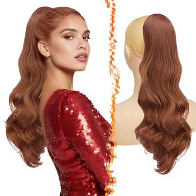 Productafbeelding van Volumineuze paardenstaart haarverlenging, 50 cm, medium auburn, synthetisch, krullend