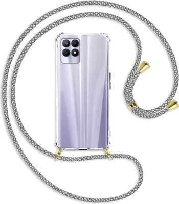 Produktbild von Handykette Backcover-Schutzhülle mit Band (Metall goldfarben) für Realme 8i - weiß/grau kariert