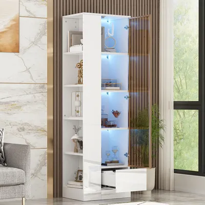 Produktbild von STILVORA Vitrinenschrank mit Glastür und LED-Beleuchtung, Hochglanzschrank mit Schubladen und offenen Fächern, Aufbewahrungsschrank für Wohnzimmer