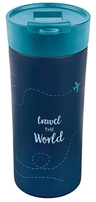 Produktbild von moses 82428 Praktischer Thermobecher für Kaffee & Tee To Go | Kaffeebecher mit Deckel für unterwegs | 450ml Fassungsvermögen | Fernweh Isolierbecher | In blau, 18/8 Edelstahl