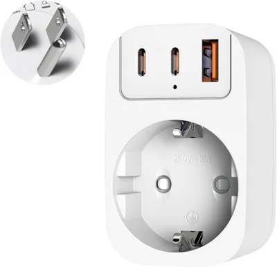 Produktbild von Reiseadapter USA, Deutschland – Mini-Reiseadapter USA – US-Steckeradapter mit Steckdose und 2 USB-C-Anschlüssen und 1 USB-A-Anschluss