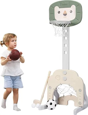 Produktbild von GOPLUS 3-in-1 Kinder Spielplatz, Basketballkorb & Fußballtor & Golfspiel, Höhenverstellbarer Basketballständer, inkl. Basketball, Fußball & Golfball, Junge (Löwe, grün)