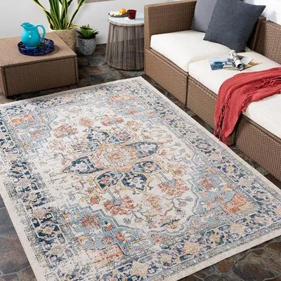 Image de Tapis style shabby, résistant aux UV, 1,20 x 1,70 m, bleu-jaune-rouille-marron