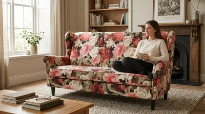 Produktbild von Schlafsofa ARI Spring – Blumenmuster, Velours in Rosa, Family Meble, KI-generiertes Bild