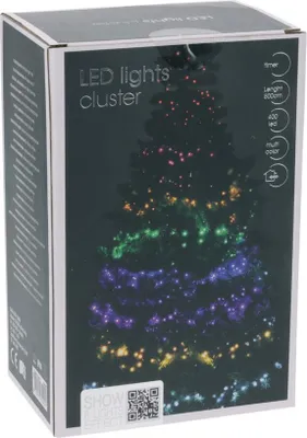 A product box for LED cluster lights, showing a dark background with a colorful illustration of the lights on a Christmas tree.