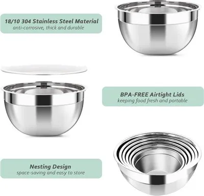 Image de Saladiers en acier inoxydable, lot de 6, 0,96 à 4 l, avec couvercles hermétiques, pour la pâtisserie et le mélange