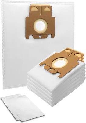 A stack of white vacuum cleaner bags with brown cardboard connectors, and two individual bags in the foreground.