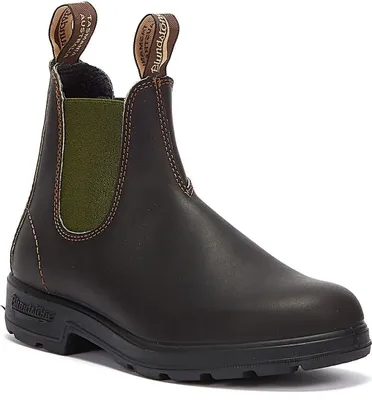 A single brown leather boot with green elastic side panels is shown against a white background.