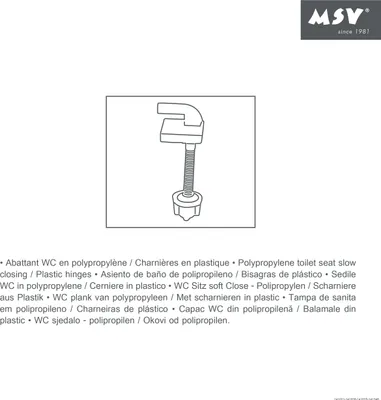 A line drawing of a toilet seat hinge mechanism against a white background, with brand logo and descriptive text.