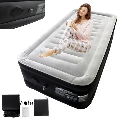 Produktbild von Aufblasbare Luftmatratze für Gäste, selbstaufblasend, inkl. Luftpumpe und Tragetasche, 187 x 90 x 46 cm, für 1 Person, bis 300 kg, Schwarz Grau