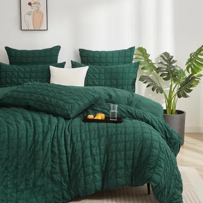 Produktbild von Seersucker Bettwäsche 200x220 cm Dunkelgrün Kariert 3-teilig Mikrofaser mit Reißverschluss