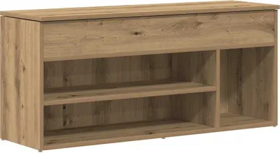 A product shot of a wooden shoe bench with shelves.