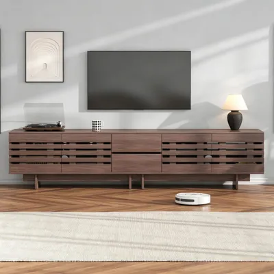 Immagine prodotto di Mobile TV MODFU da 200 cm, mobile TV basso in legno, mobile TV con 4 ante a battente e 2 cassetti, noce