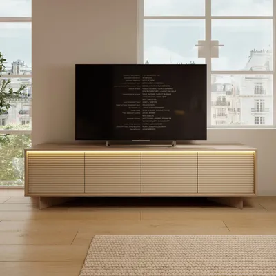 Obrázek produktu pro Nízky televizní stolek TORSANO, barva cappuccino, Imitace dřeva, 4 dvířka, s LED podsvícením