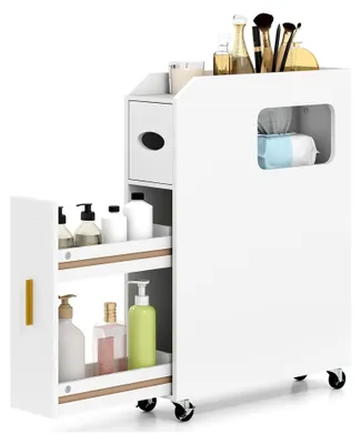 Produktbild von Kleiner Badezimmerschrank, Nischenschrank mit Toilettenpapierhalter, Bürstenhalter und Schublade, schmal für Waschküche, Wohnzimmer, Badezimmer (Weiß)
