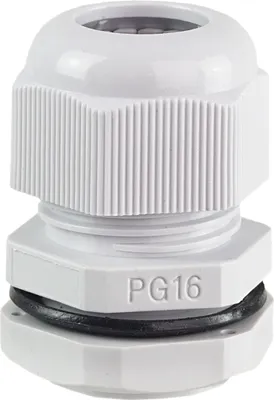 A white cable gland with a black rubber seal, labeled PG16.