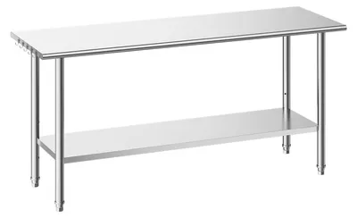 Obrázok produktu pre VEVOR Pracovný stôl pre reštaurácie, 1829 x 610 x 864 mm, nerezový stôl s 2 úrovňami a výškovo nastaviteľnými policami, nosnosť: horná polica (263 kg), spodná polica (218 kg), prípravný stôl pre reštauráciu, strieborná farba