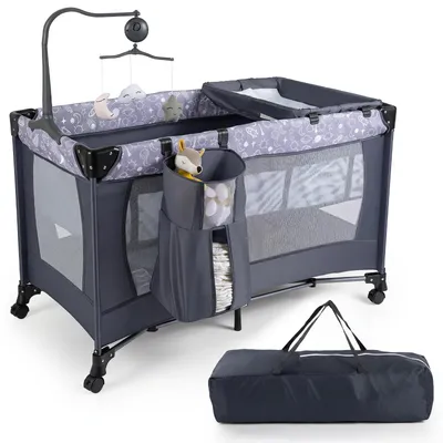 Produktbild von COSTWAY 3 in 1 Beistelltisch, Kinderreisebett, Reisebett mit Matratze, Wickelauflage & Spielbogen, Stubenwagen, Babybett für Baby ab Geburt, Grau
