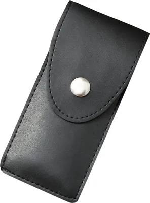 A black leather glasses case with a silver snap closure, shown diagonally against a white background.