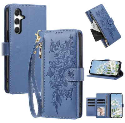 Produktbild von Handyhülle für Samsung Galaxy A15 5G/4G, Wallet Case Kunstleder mit Kartenfächern, Reißverschluss und Handschlaufe Dunkelblau