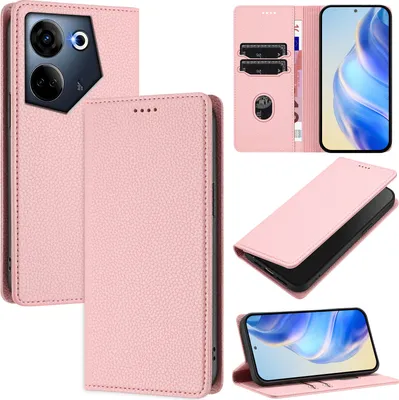 Produktbild von Litchi Leder Handyhülle für Tecno Camon 20 /Camon 20 Pro 4G Wallet Kartenfächer Standfunktion Hülle Pink