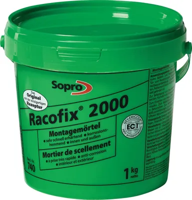 Zdjęcie produktu dla SOPRO Racofix 2000 zaprawa montażowa Zawartość 1kg zielone wiaderko Czas obróbki ok. 2 min. - 74081