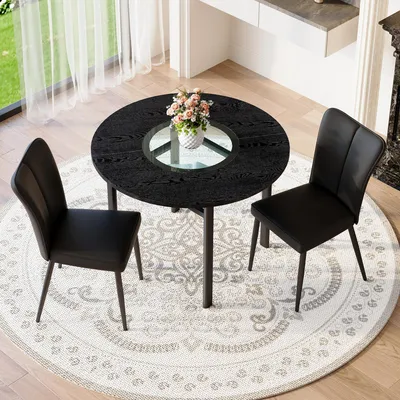 Produktbild von MODFU Esszimmerstuhl Set,Küchenstuhl mit 2 Stühle schwarzen und Esstisch in schwarzer Holzoptik,Runder Tisch mit 100 cm,Sessel mit schwarzen Metallbeinen