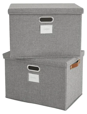 Produktbild von Aufbewahrungsboxen mit Deckel, faltbar, aus Stoff, groß, stapelbar, für Regale, Kleidung, Kleiderschrank, grau, zusammenklappbar, 43 x 30 x 30 cm