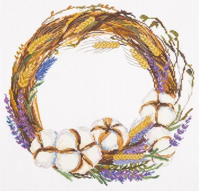 Image de Kit de point de croix "Couronne de lavande et de coton", dimensions 35x33,5 cm, patron inclus